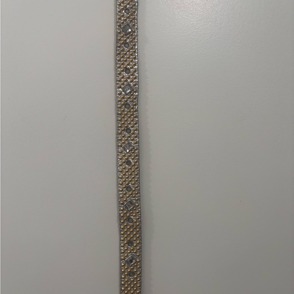 genuine leather belt silver strap with sparkling rhinestones and gold bulb studs - Picture 10 of 12